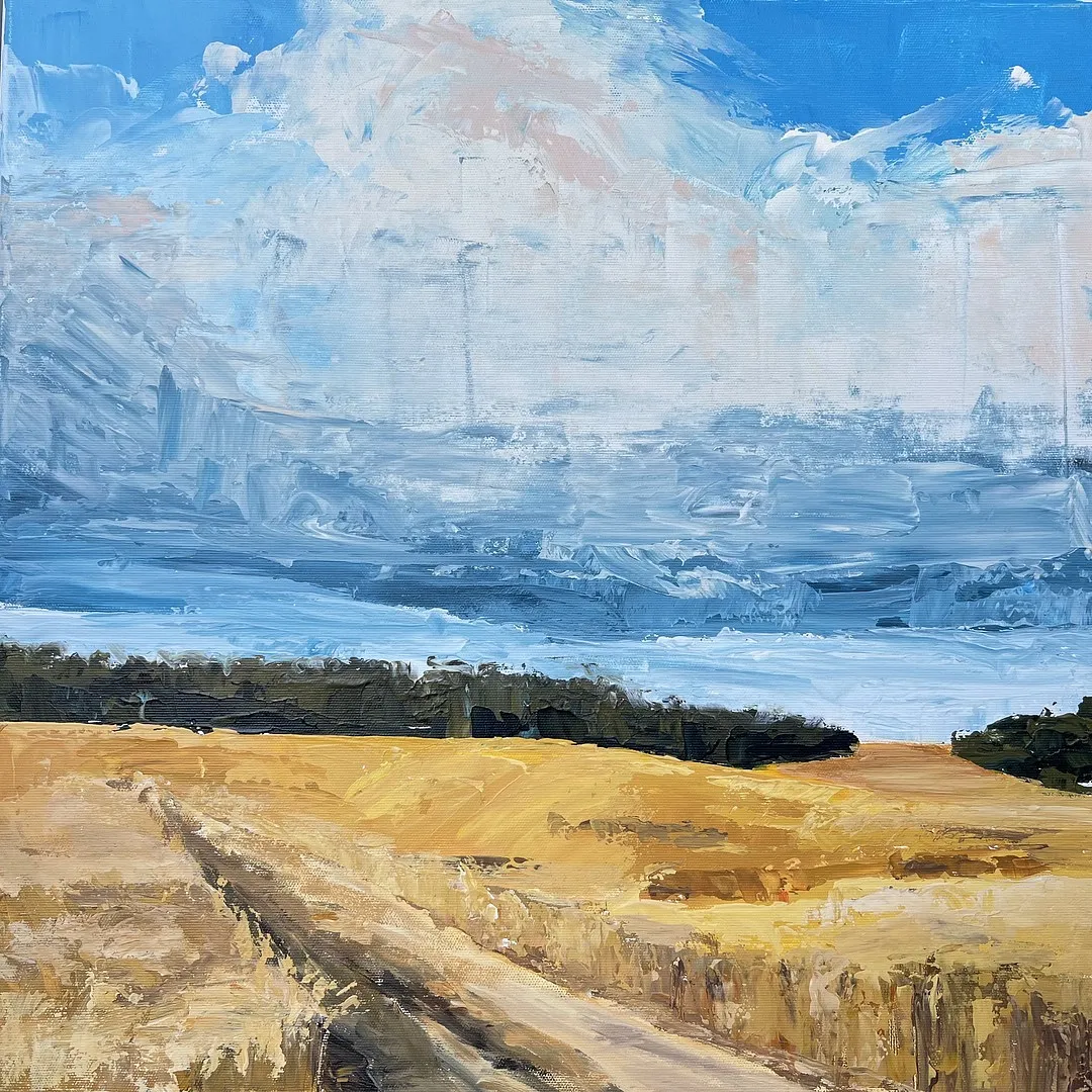 Obraz Pole pszenicy autorstwa Elena Goyeva, rozmiar: 50x50 cm, wykonany z Akryl, Płótno, medium Живопис, część serii Пейзаж