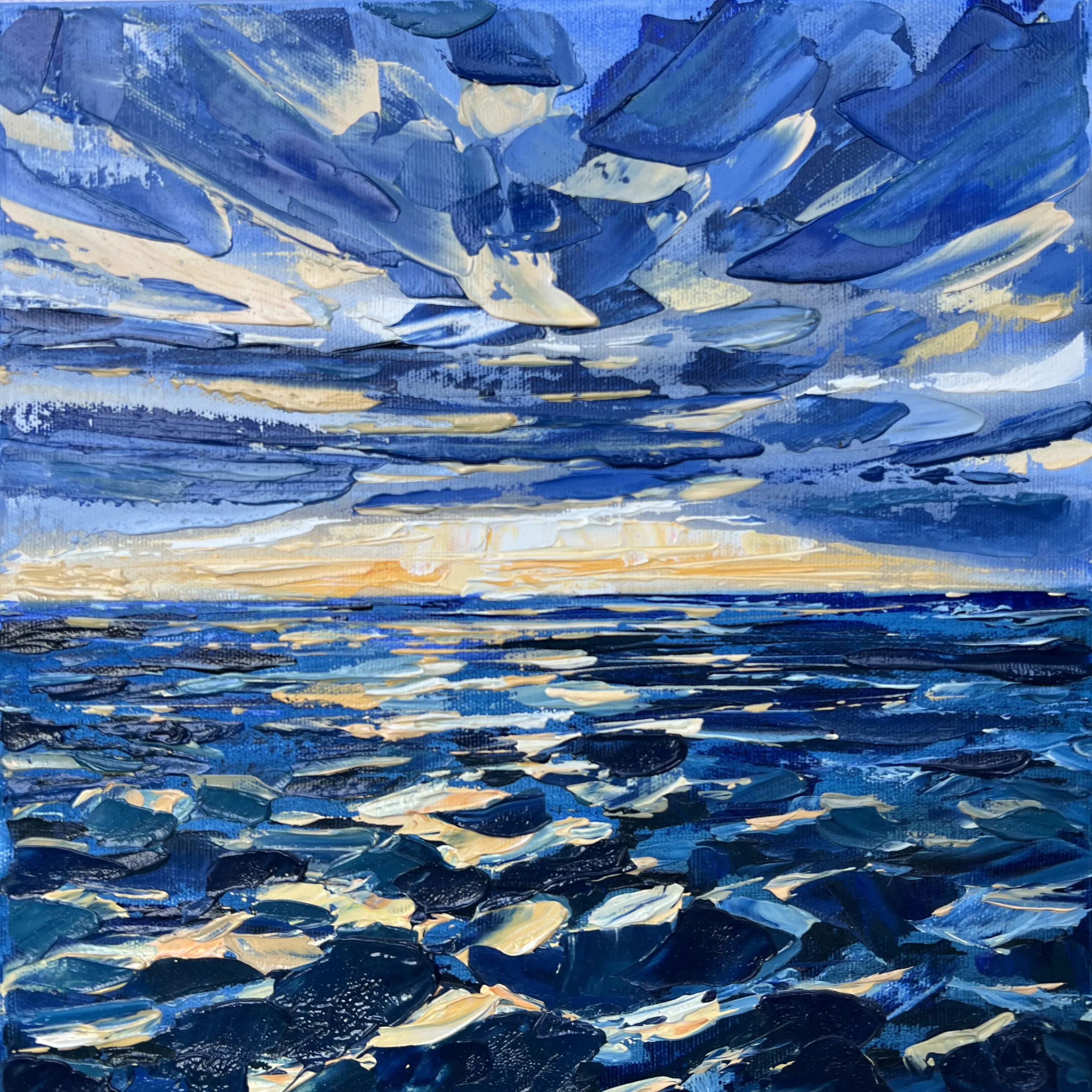 Зображення "Захід сонця на морі" від Elena Goyeva, розмір: 30x30 см, матеріали: Олія, Полотно, медіум: Живопис, серія: Пейзаж
