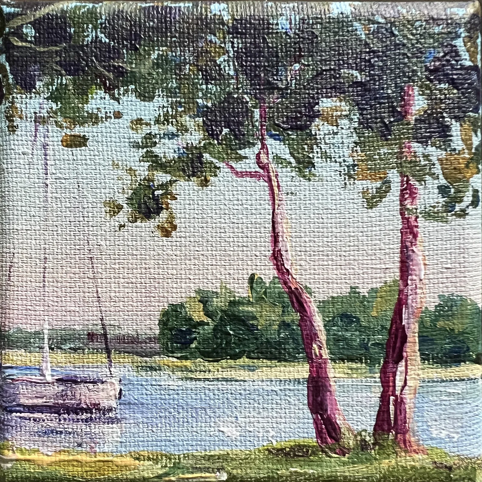 Obraz Żaglowiec pod drzewami autorstwa Elena Goyeva, rozmiar: 10x10 cm, wykonany z Akryl, Płótno, medium Malarstwo, część serii Miniatury