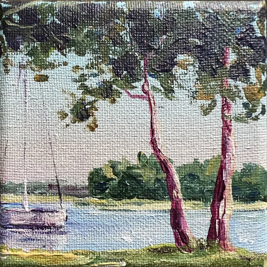Obraz Żaglowiec pod drzewami autorstwa Elena Goyeva, rozmiar: 10x10 cm, wykonany z Akryl, Płótno, medium Malarstwo, część serii Miniatury