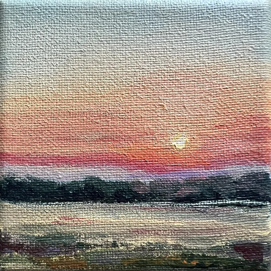 Obraz Zachód słońca nad jeziorem autorstwa Elena Goyeva, rozmiar: 10x10 cm, wykonany z Akryl, Płótno, medium Malarstwo, część serii Miniatury