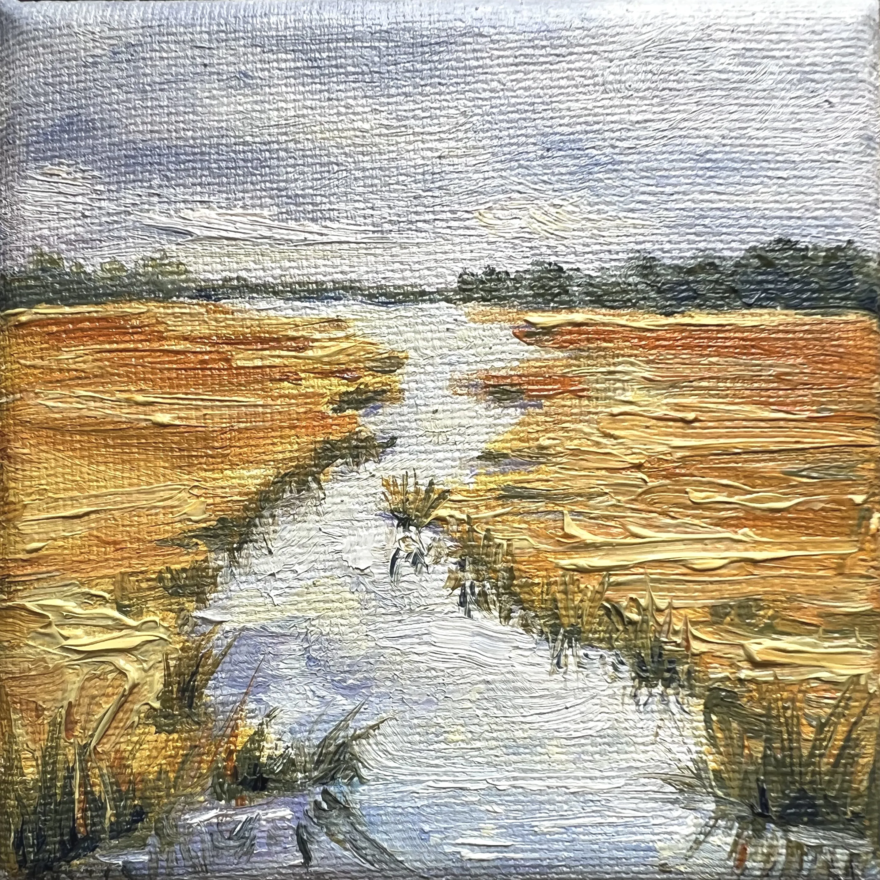 Obraz Rzeka przez żółte autorstwa Elena Goyeva, rozmiar: 10x10 cm, wykonany z Olej, Płótno, medium Malarstwo, część serii Miniatury