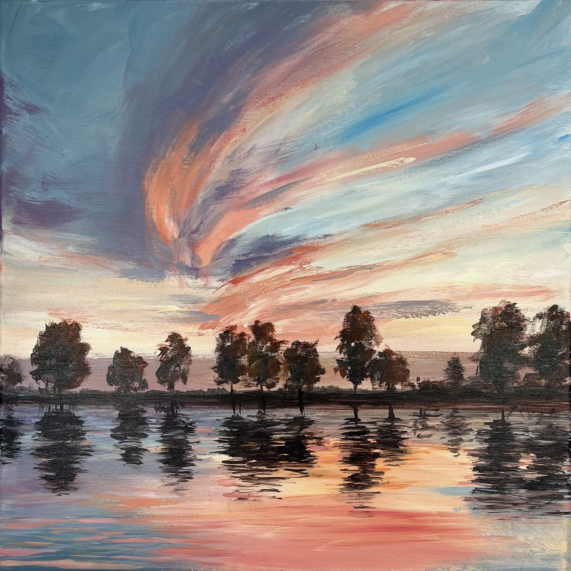 Зображення "Pink sky" від Олена Гоєва, розмір: 50x50cm, матеріали: acrylic on canvas, медіум: Живопис, серія: Пейзаж