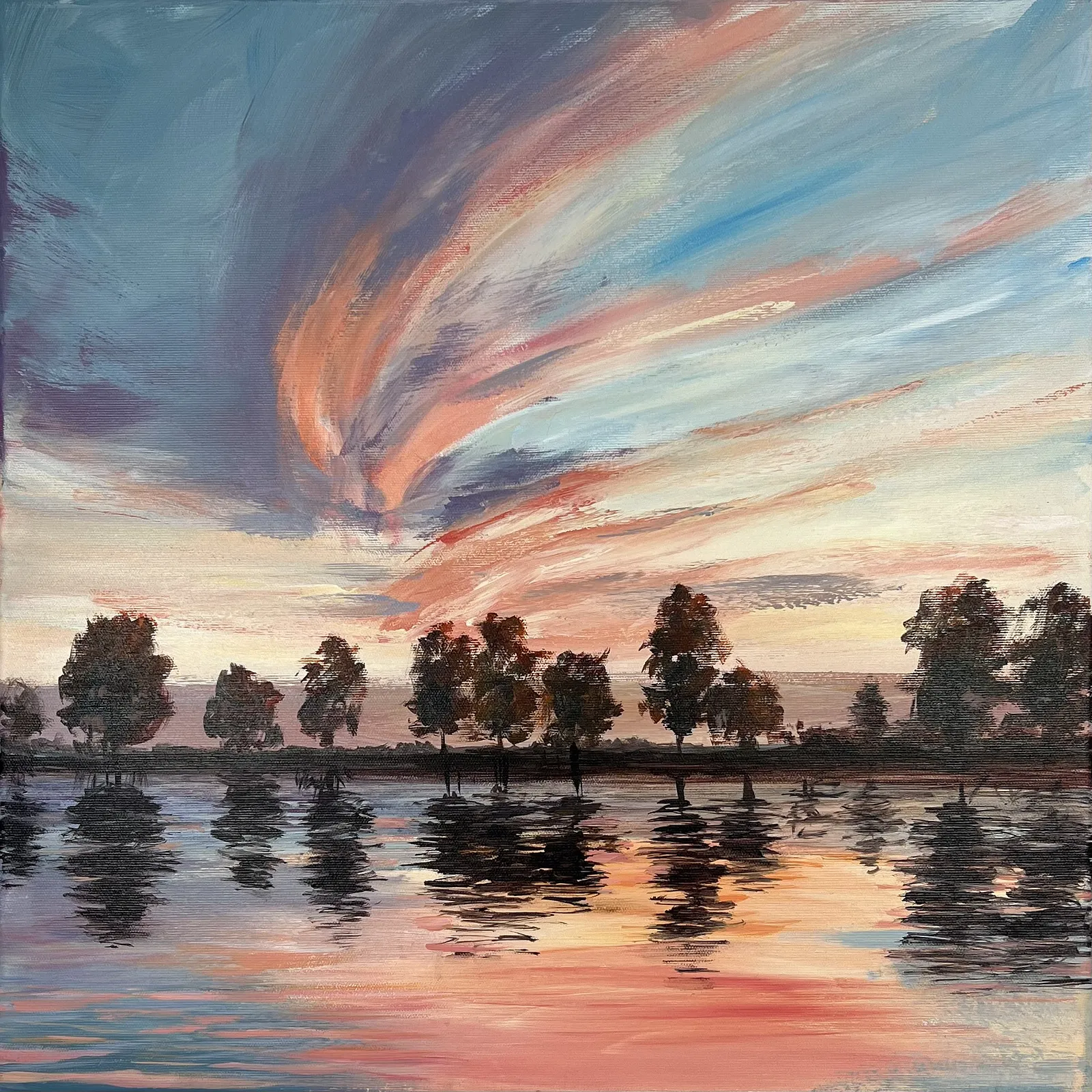 Зображення "Pink sky" від Олена Гоєва, розмір: 50x50cm, матеріали: acrylic on canvas, медіум: Живопис, серія: Пейзаж